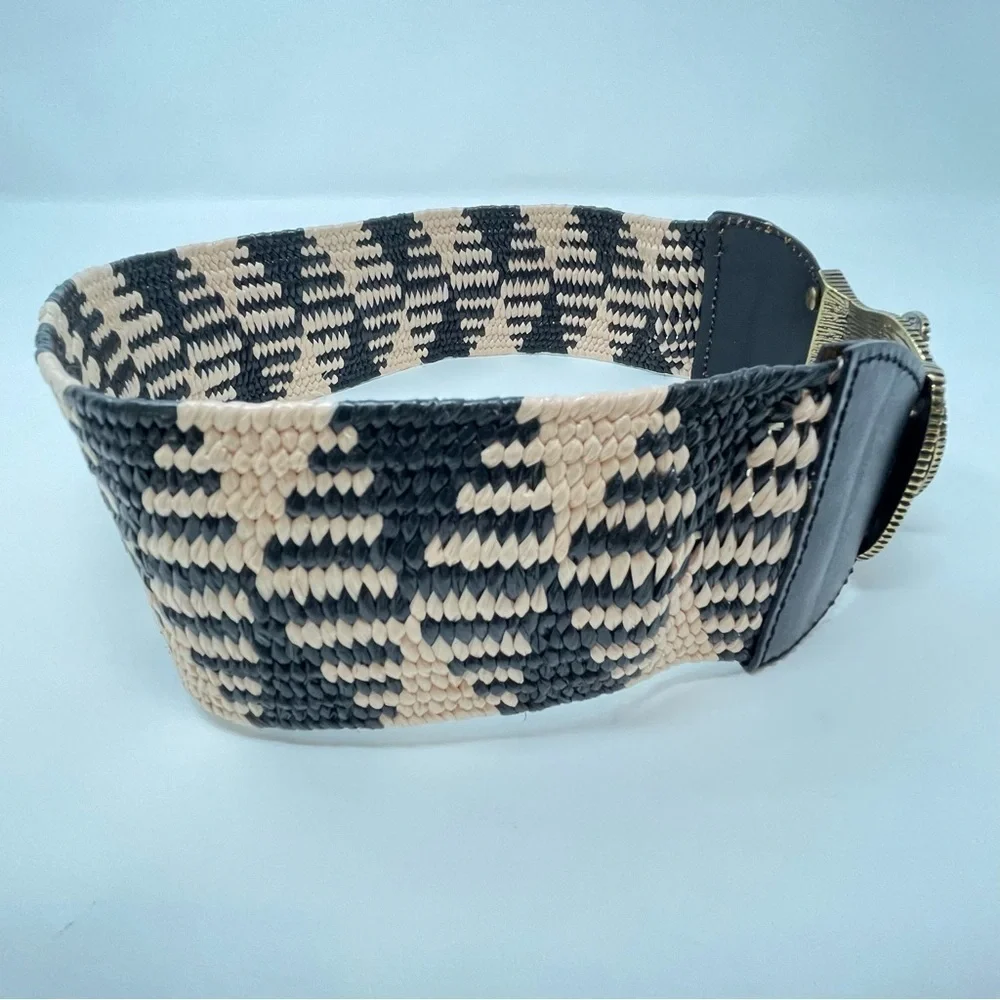 Vintage Wearable Art Boho Brass, Black‎ & Cream Woven & Leather Statement Belt